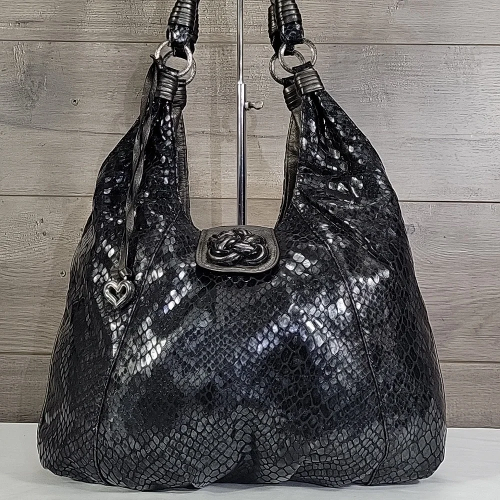Brighton Black Patent Snakeskin Embossed Leather Women's Bag